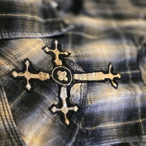 POP ICON CLOTHING Black and Cream Plaid Shirt with Cross Embroidery - Picture 11 of 11